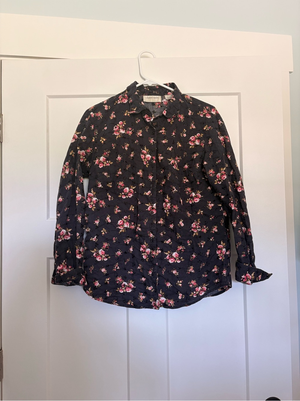 Women's Floral Button-Down Shirt - Black with Pink Floral Print